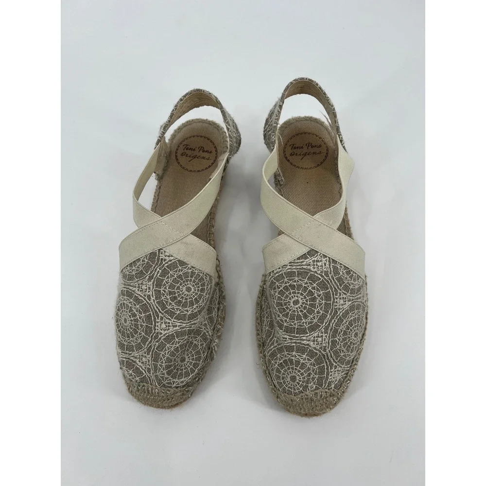 Toni Pons Origens Grey Lace Embroidered Espadrille Wedge Sandals Size 38 Spain
